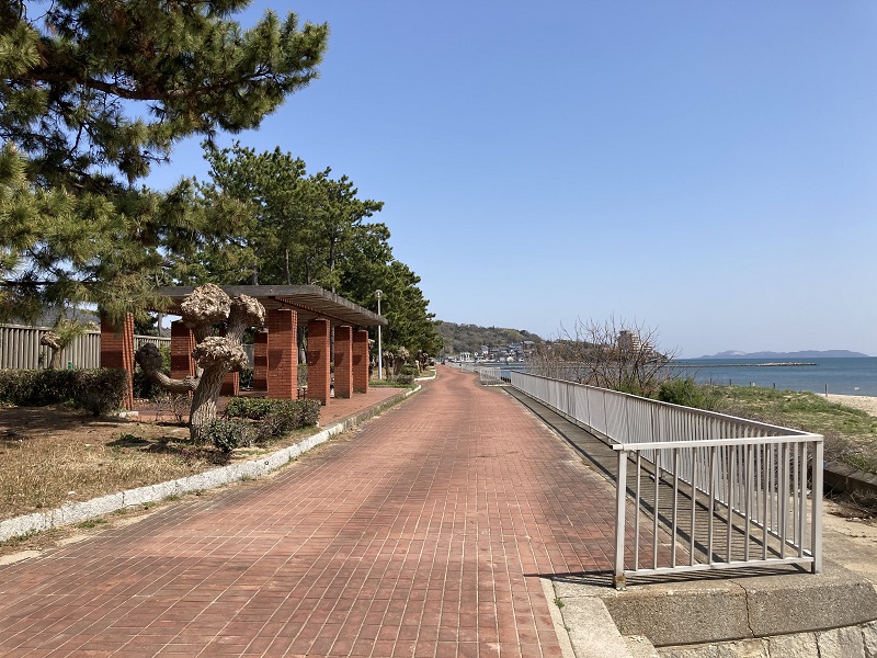 砂浜の日陰にベンチ